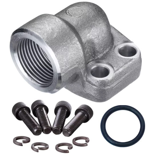 1" SAE 90° Flange 6000 PSI x 1" BSP Female (c/w Metric Bolts, Washers & O-ring)