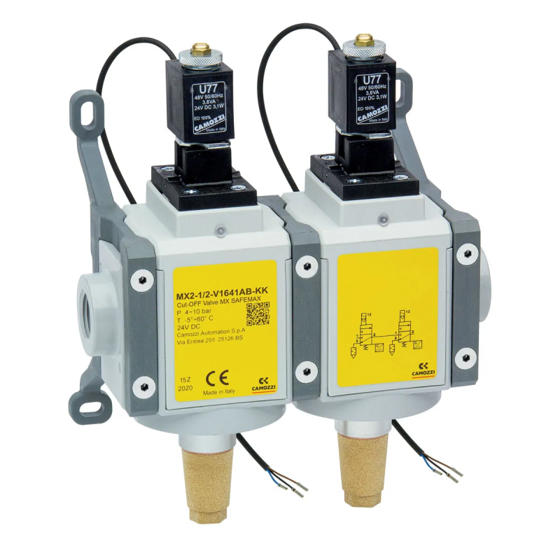 Series MX SAFEMAX 3-2 Way Quick Exhaust Safety Valves Double Valve Construction Internal servo-pilot , Accessories Without silencer , Sensor ATEX sensor, 2 mt cable , Version ATEX , Side wall brackets and flanges