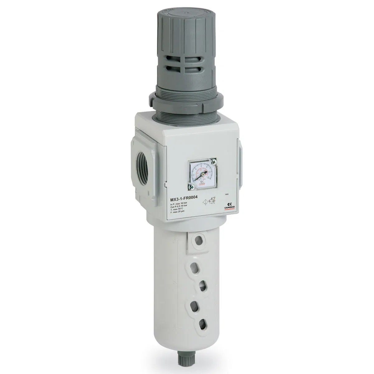 Series MX3 Filter Regulators Connections 3/4" , Filtering Element 5µm with relieving , Draining of Condensate Manual Semi Auto Drain , Operating Pressure 0.5 to 10 bar , Without Pressure Gauge