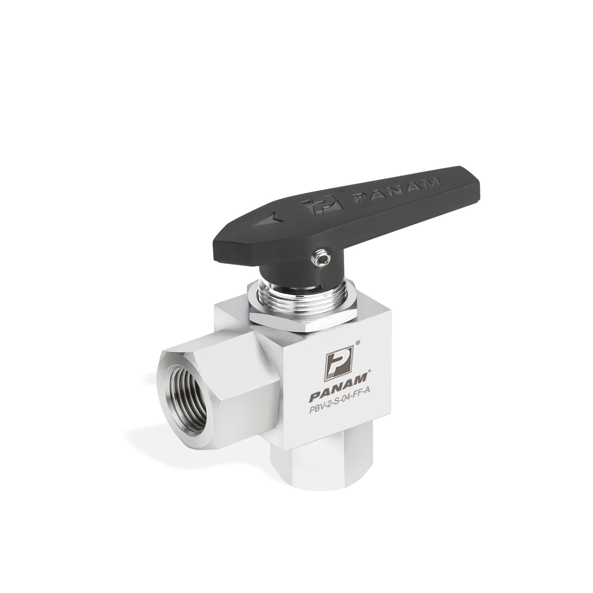 Panam 2-Way Ball Valve 300 Series, Stainless Steel 316 SS, 1/4", BSPT, Female In and Out, Delrin, Black, Angular