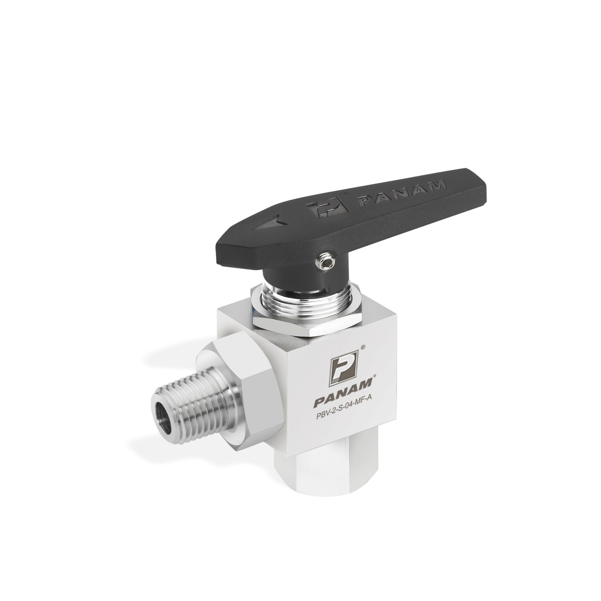 Panam 2-Way Ball Valve 300 Series, Stainless Steel 316 SS, 3/4", BSPT, Male / Female, Delrin, Black, Angular