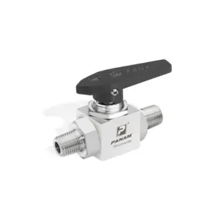 Panam 2-Way Ball Valve 300 Series, Stainless Steel 316 SS, 1/8", BSPP, Male In and Out, Delrin, Black, Straight