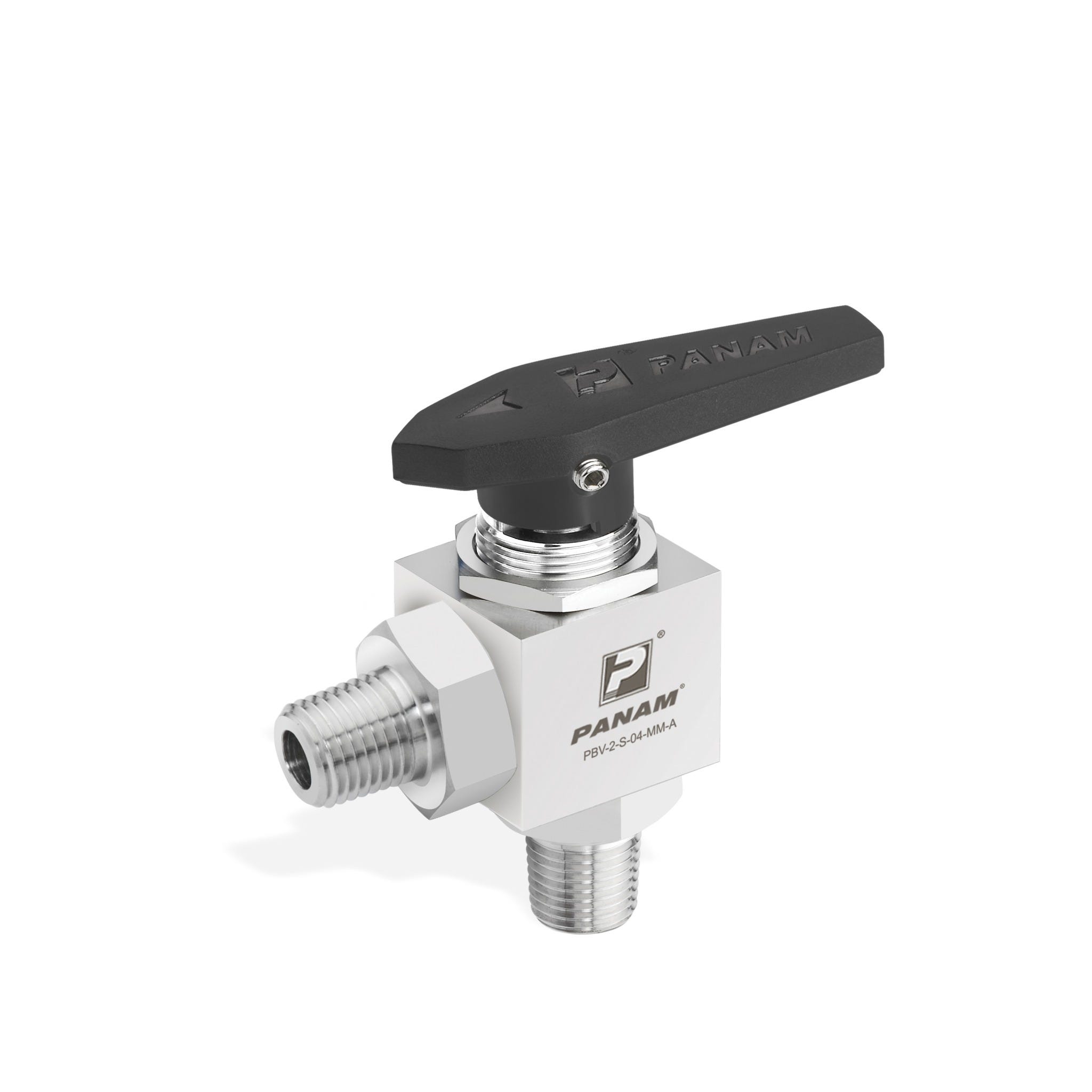 Panam 2-Way Ball Valve 300 Series, Stainless Steel 316 SS, 3/8", BSPP, Male In and Out, Delrin, Black, Angular