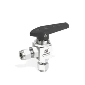 Panam 2-Way Ball Valve 300 Series, Stainless Steel 316 SS, 1/16", PANAM® Tube Fittings, Delrin, Black, Angular