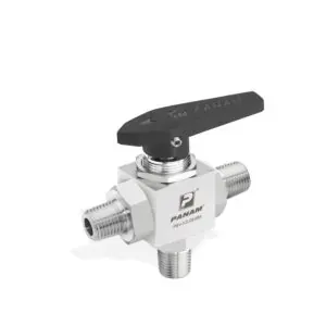 Ball Valve, 3-Way Valve, Stainless Steel 316 SS, M20x1.5, Metric, Male In and Out, Delrin, Black, Straight