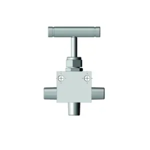 Panam, Needle Valve, HP2 Series, 1/4" MP Female x 1/4" MP Female, 20000 PSI (1379 BAR), 316 stainless steel, 3-Way, 2 Outlet