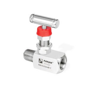 Panam, Mini Needle Valve, 1/4" (6.35mm) OD x 1/4", NPT Threads, 316 stainless steel, Hard Seat, Male x Female, Teflon Packing Bonnet.