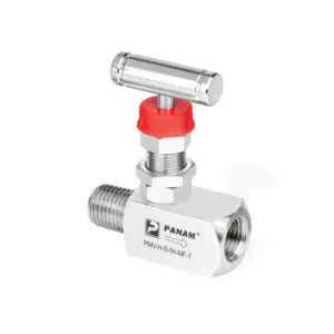 Panam, Mini Needle Valve, 1/4" (6.35mm) OD x 1/4", NPT Threads, 316 stainless steel, Hard Seat, Male x Female, Teflon Packing Bonnet.